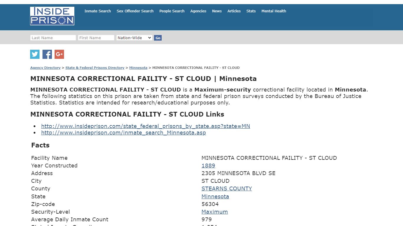 MINNESOTA CORRECTIONAL FAILITY - ST CLOUD - Inmate Search